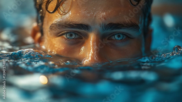 Fototapeta A young man with intense blue eyes looks directly at the viewer while partially submerged in a pool. Water droplets shimmer on his skin, creating a mesmerizing effect in the sunlight