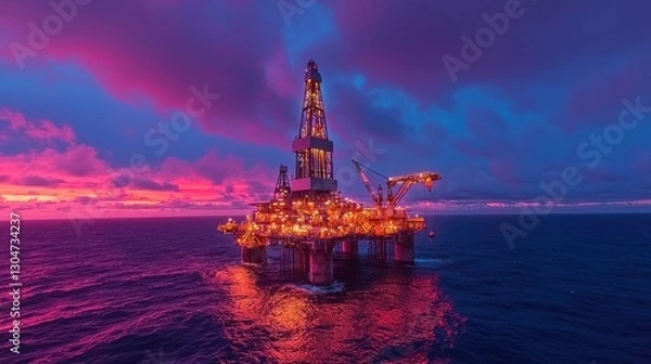 Obraz Sunset Over Oil Rig in Ocean with Vibrant Colors and Lighting Effects