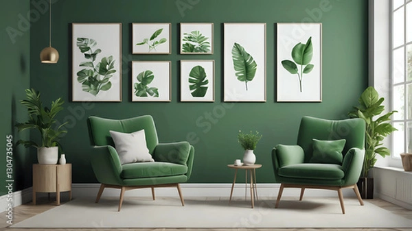 Fototapeta Stylish living room interior design with scandi armchair, elegant commodes, mocj up poster frames and accessories. Green wall