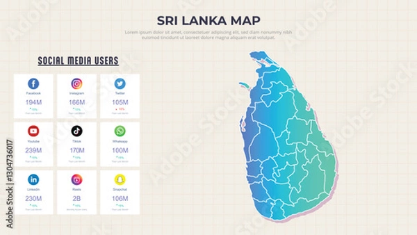 Fototapeta Social Media Usage & Growth Statistics Infographic Map of Sri Lanka. Popular Social Media Apps Usage in Sri Lanka modern Infographic map. Vector Illustration