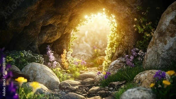 Obraz A fantasy cave entrance with sunlight shining through, a magical and enchanting scene filled with rocks and flowers.