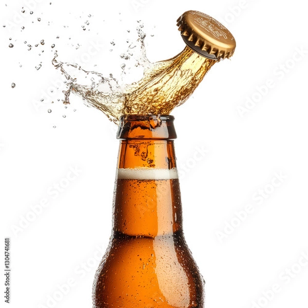 Fototapeta open a beer bottle beer splash the cap bounces off, isolated on white background