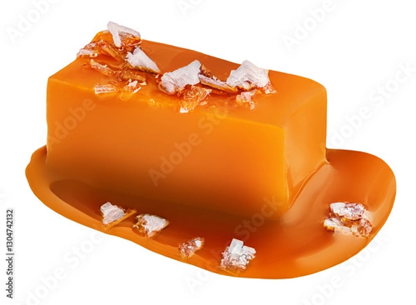 Obraz Salty Caramel candies isolated on white. Caramel fudges flowing in  milky  caramel butterscotch sauce with sea salt.  Top view.  Flat lay