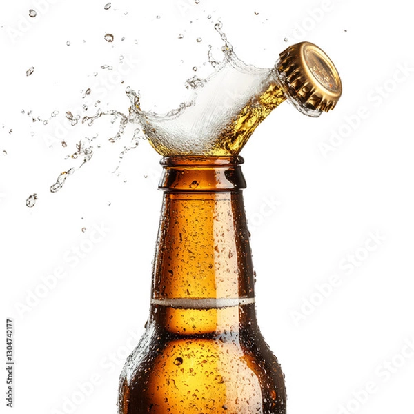 Fototapeta open a beer bottle beer splash the cap bounces off, isolated on white background