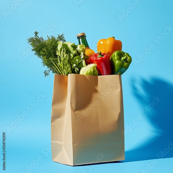Fototapeta Crisp and Contemporary Paper Shopping Bag Filled with Groceries on Vibrant Blue Background with Soft Shadows - Front View