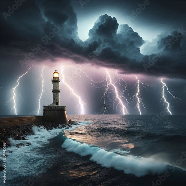 Fototapeta  a dramatic and intense seascape featuring a tall, white lighthouse standing on a rocky shoreline amidst a powerful storm The sky is filled with dark, swirling clouds, and multiple bolts of lightning