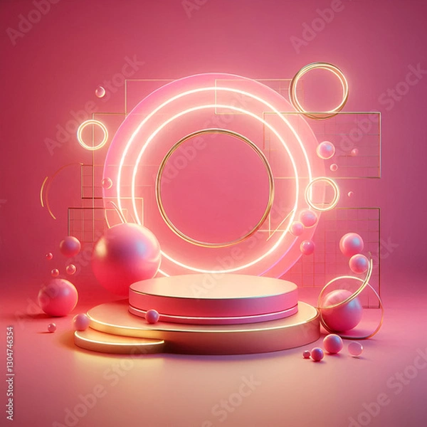 Fototapeta 3d Geometric shape neon light with podium product display and circle ring on pink background. Abstract minimal geometric stage, platform bubble spheres for display product cosmetic