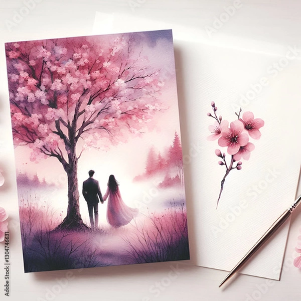 Fototapeta a Valentine's Day card with a romantic watercolor scene The background should feature a soft blend of pink and purple hues. In the center, a couple holds hands under a blooming cherry blossom tree.