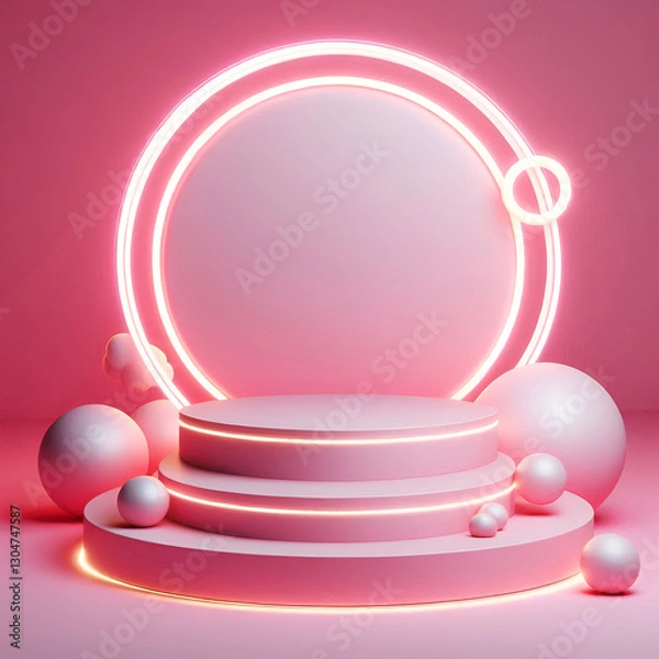 Fototapeta 3d Geometric shape neon light with podium product display and circle ring on pink background. Abstract minimal geometric stage, platform bubble spheres for display product cosmetic