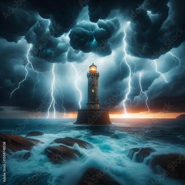 Fototapeta  a dramatic and intense seascape featuring a tall, white lighthouse standing on a rocky shoreline amidst a powerful storm The sky is filled with dark, swirling clouds, and multiple bolts of lightning