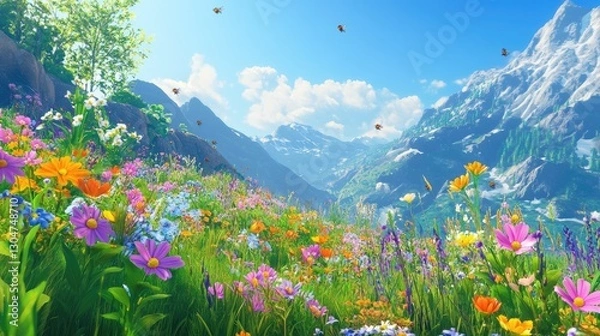 Fototapeta A vibrant meadow bursting with colorful wildflowers and buzzing bees, the whole scene bathed in sunlight under a perfect blue sky