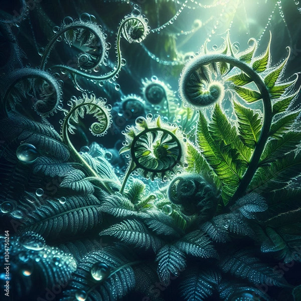 Fototapeta intricate interplay between moisture light and nature is embodied in delicate beauty of dew drops clinging to lush green leaves 