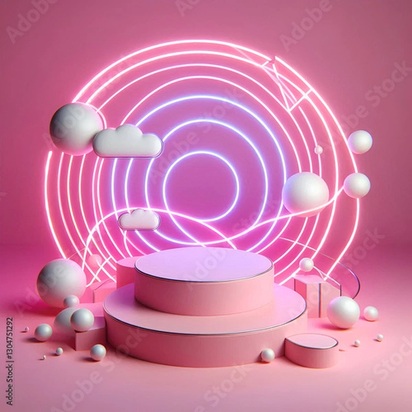 Fototapeta 3d Geometric shape neon light with podium product display and circle ring on pink background. Abstract minimal geometric stage, platform bubble spheres for display product cosmetic