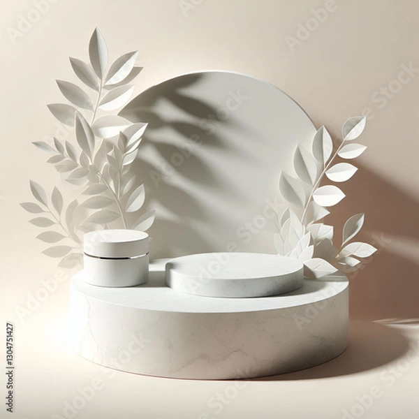 Fototapeta 3d Minimal terrazzo white podium display with leaf shadow for cosmetic product presentation, Modern terrazzo pedestal or platform background