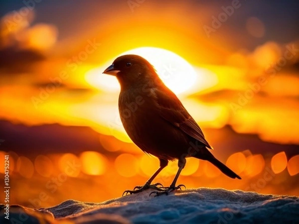 Obraz Silhouette of a Large Ground Finch at Sunset, Galapagos Islands