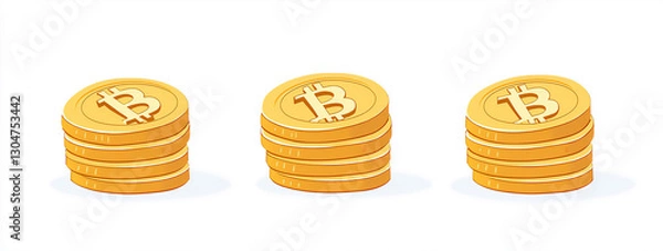 Fototapeta Modern flat vector illustration of three gold coin stacks, vibrant hues with sleek design, ideal for artistic projects and financial inspiration.