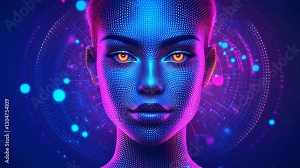 Fototapeta Futuristic woman digital art, abstract face, vibrant colors, technology background, stock photo
