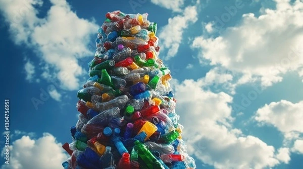 Fototapeta A towering pile of colorful plastic bottles and containers against a vibrant blue sky filled with fluffy clouds, symbolizing plastic waste and pollution.