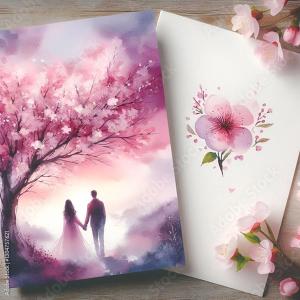 Fototapeta a Valentine's Day card with a romantic watercolor scene The background should feature a soft blend of pink and purple hues. In the center, a couple holds hands under a blooming cherry blossom tree.