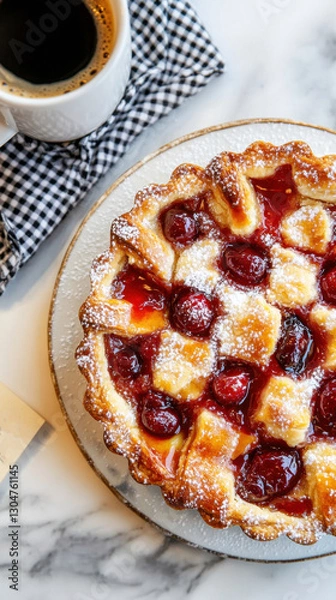 Fototapeta Cherry pie with lattice crust and powdered sugar on marble table