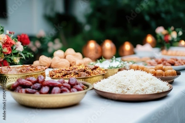 Fototapeta Colorful array of traditional dishes beautifully arranged for ce