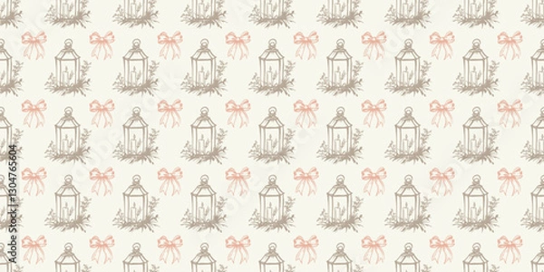 Fototapeta Elegant vintage-style seamless pattern featuring hand-drawn lanterns with candles, delicate floral accents, and decorative bows in beige and coral on cream. Horizontal Easter banner