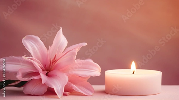 Obraz flowers and burning candles on the table, shades of pink