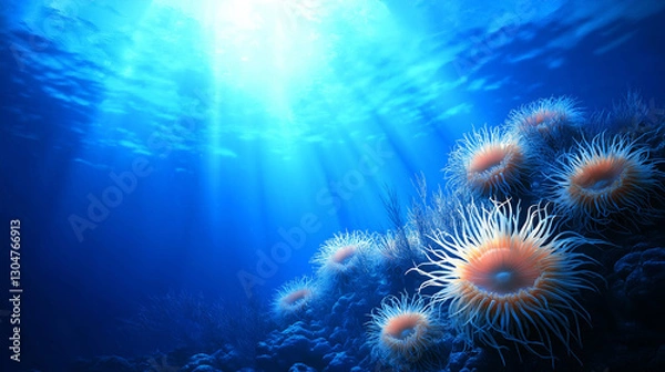 Fototapeta Mesmerizing coral reef scene, with vibrant sea anemones and delicate coral branches set against a deep blue aquatic backdrop. The detailed radial structure of anemone tentacles mov