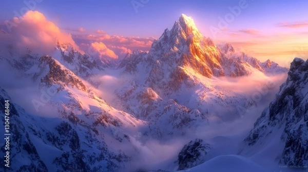 Fototapeta snow-covered mountains glowing under the golden sunrise, mist rising from the valleys, crisp cold air visible, deep blue skies with soft pink hues, 16:9