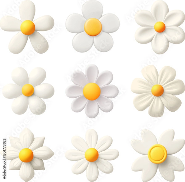 Fototapeta A set of Cute 3D flowers with colorful petals, white daisy, decorative floral clay elements, Isolated on transparent background.