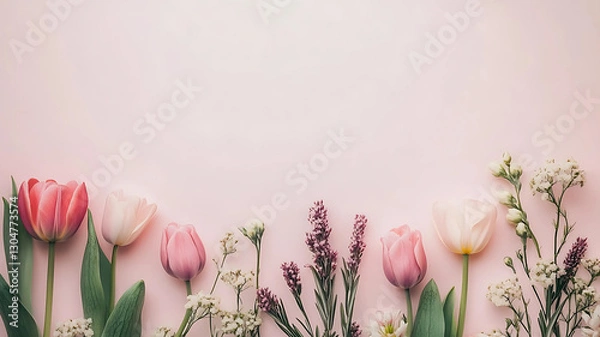 Fototapeta Lush blossoms frame a serene light pink background, capturing the essence of love, beauty, and new beginnings. With a clean and airy layout, this banner is perfect for customized text, announcements