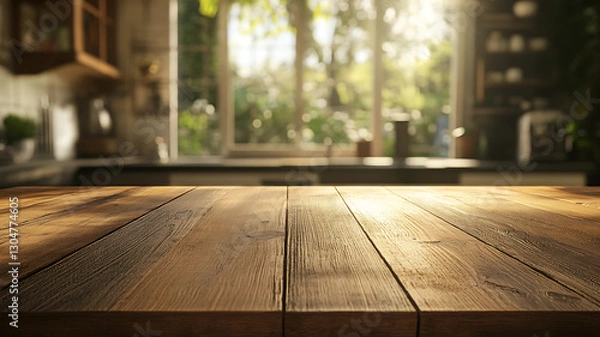 Fototapeta A pristine wooden kitchen counter stretches across the inviting space, set against a softly blurred backdrop of culinary warmth. 