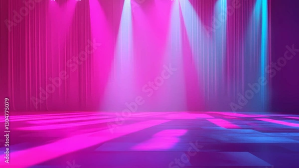 Fototapeta The empty stage stands in anticipation, aglow with a kaleidoscope of shifting hues and piercing spotlights. A fusion of technology and artistry, the lighting design evokes passion and rhythm