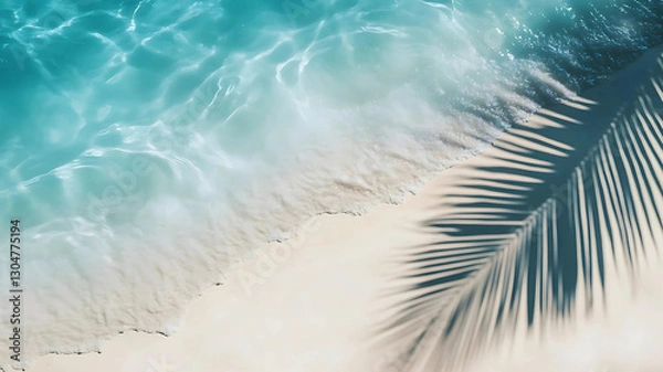 Fototapeta Dappled sunlight filters through swaying palm fronds, casting elegant shadows on the untouched white beach. The tranquil fusion of light and texture evokes the carefree spirit of summer vacations