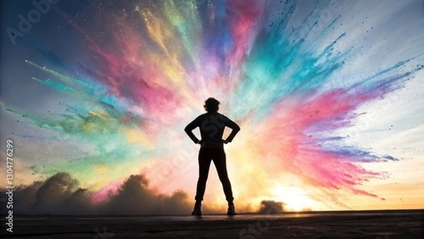 Fototapeta A silhouetted figure stands against a vibrant explosion of colors in the sky.