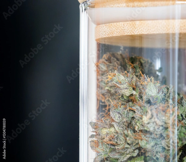 Fototapeta Cannabis buds in a closed glass jar for fermentation. The process will increase the taste and quality of the drug. Storage of dry flower parts.