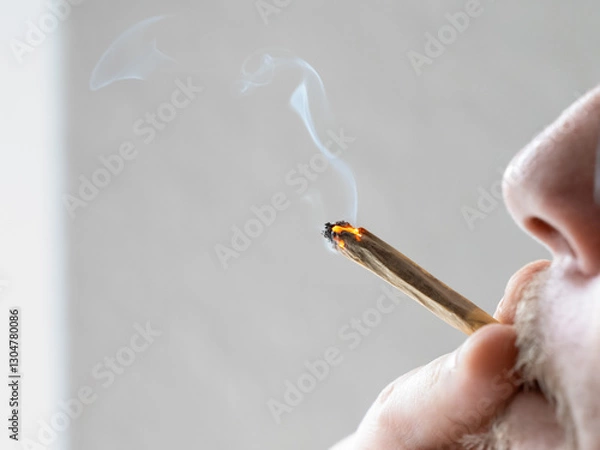 Fototapeta Smoking a joint close-up. Inhaling the smoke of a cigarette with cannabis. A young man is holding the glowing joint to his mouth and enjoying the taste and effect.