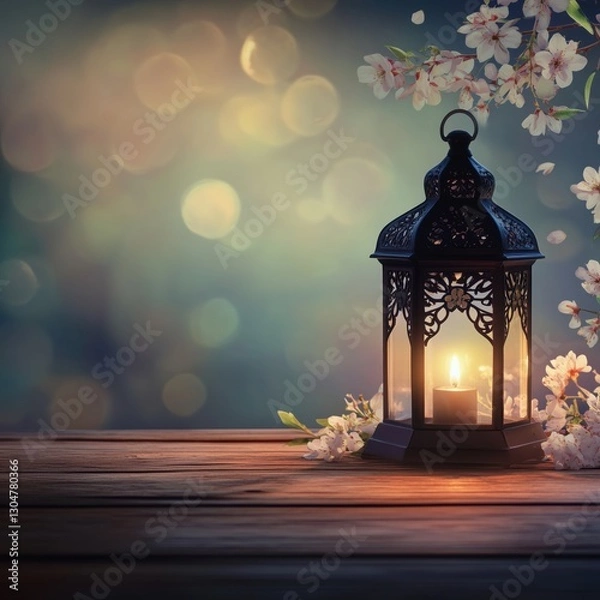 Fototapeta Elegant black lantern with a glowing candle on a rustic wooden table, surrounded by delicate white blossoms, against a dreamy bokeh background