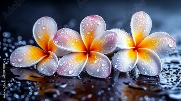 Fototapeta Dew-kissed Plumeria blossoms on dark, reflective surface (1)