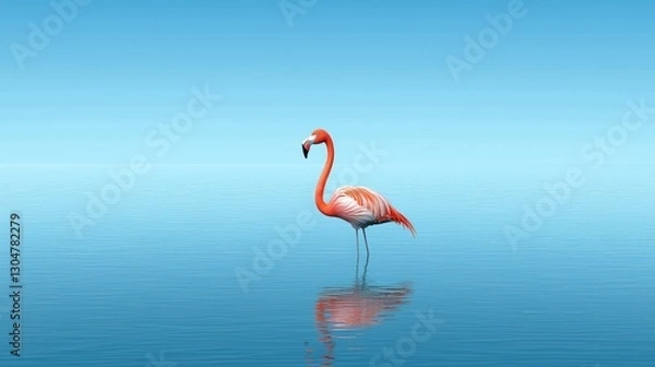Fototapeta Single flamingo wading in calm water, tranquil scene, possible use for nature background