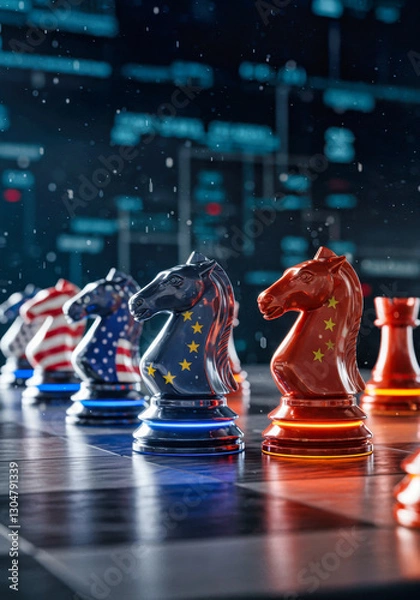 Obraz China, Europe, and US trade war ,chessboard with the pieces engaged in strategic battle, political and economic conflict, fluctuation graph background market crash , fight for power worldwide