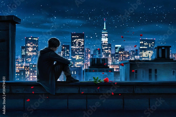 Obraz lofi music background teenager in the city at night sitting on the roof cyberpunk futuristic love , valentines cyber romance