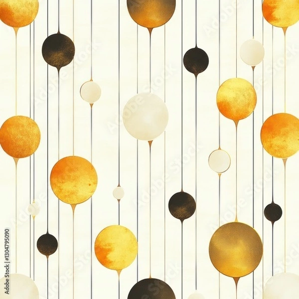 Fototapeta Abstract circles hanging on strings, cream background
