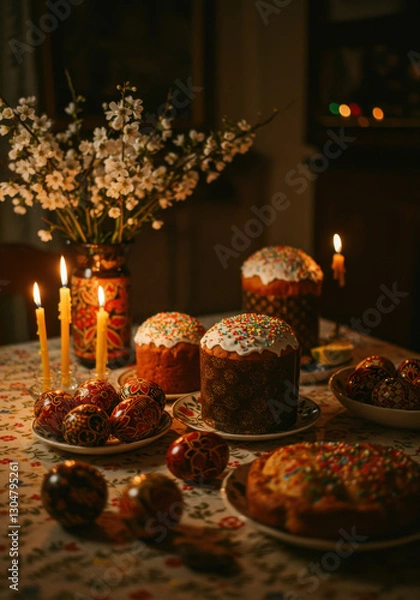 Obraz ostermotive painted easter eggs orthodox religion, Slavic bread, on the table in Russian flat home , ostern to celebrate Christ's coming back to life after the Crucifixion. Happy Easter!
