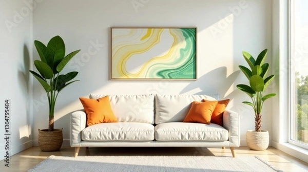 Fototapeta Modern Living Room Decor Sunlit Sofa with Abstract Artwork and Lush Greenery