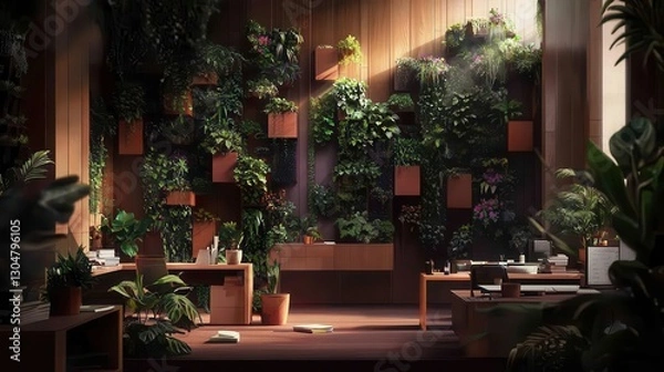 Fototapeta Futuristic Office Design with Vibrant Greenery and Modern Aesthetics in an Innovative Workspace Environment
