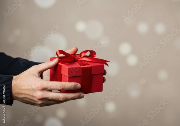 Obraz valentines ,loving man handing a gift red box with a ribbon to his girlfriend or wife, plain background