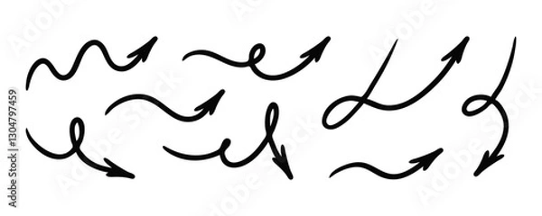 Obraz Squiggly arrow doodle set. Hand drawn vector line fun playful bounce icons, black jump thick motion design elements. Movement symbol
