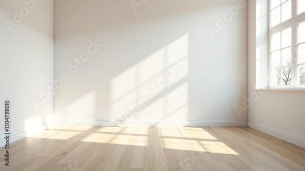 Fototapeta Empty room with sunlight streaming through a window, showcasing light hardwood floors and pristine white walls, perfect for interior design inspiration