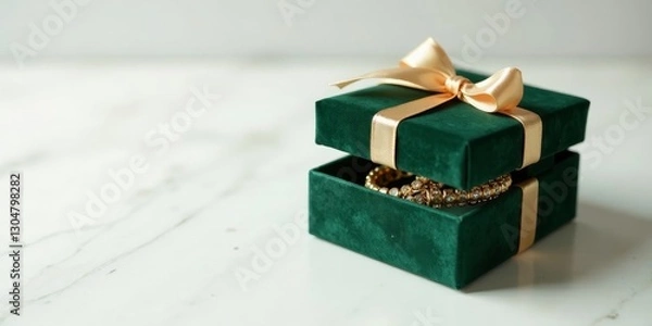 Fototapeta An emerald green velvet gift box adorned with a delicate gold ribbon, elegantly presenting a pair of sparkling jeweled bracelets inside.